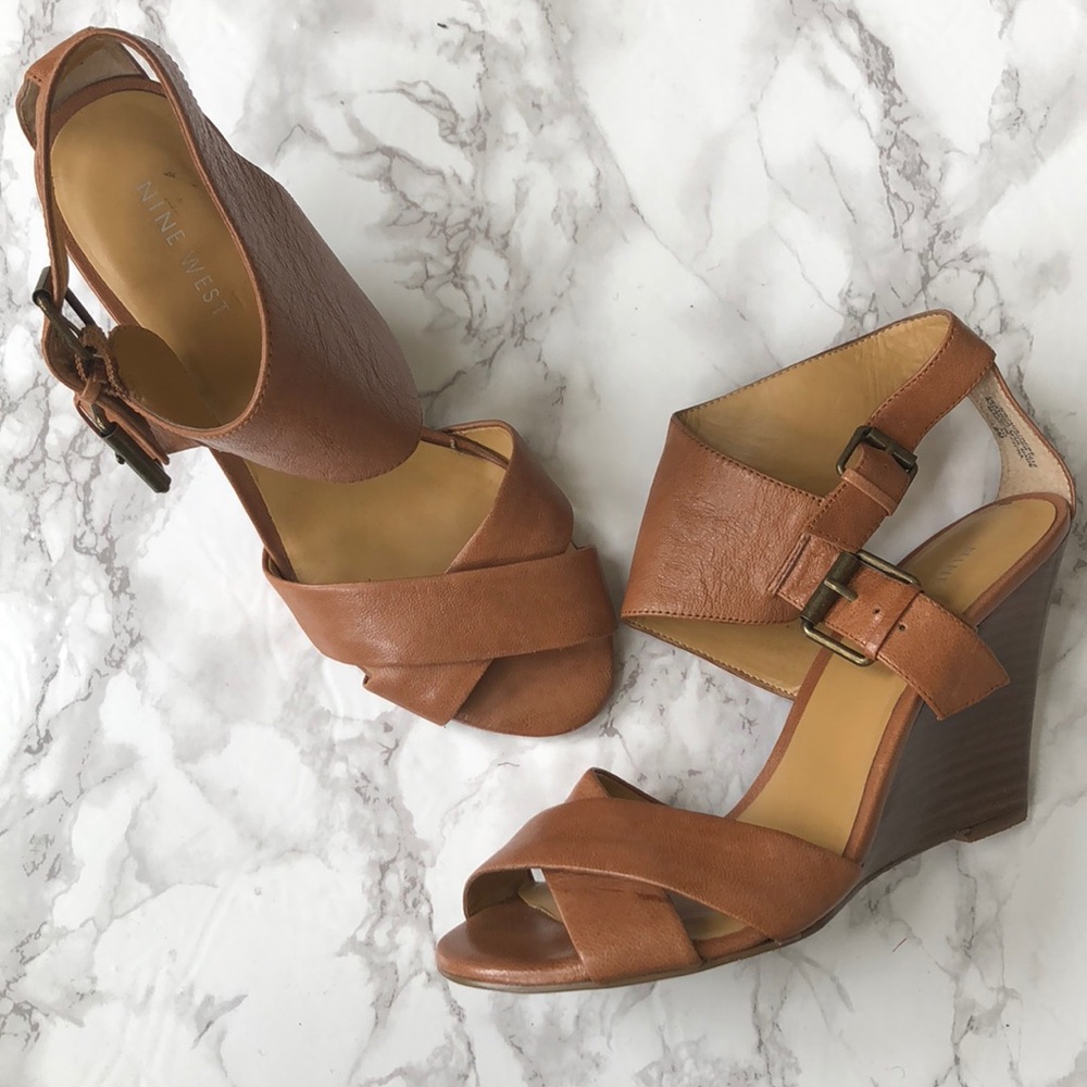 Camel colored leather wedge sandal